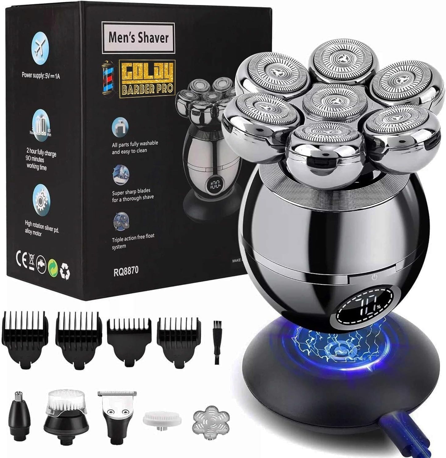 7D Floating Head Shaver for Bald Men, 5-in-1 Grooming Kit, LED Display | IPX6 Waterproof Skull Shaver