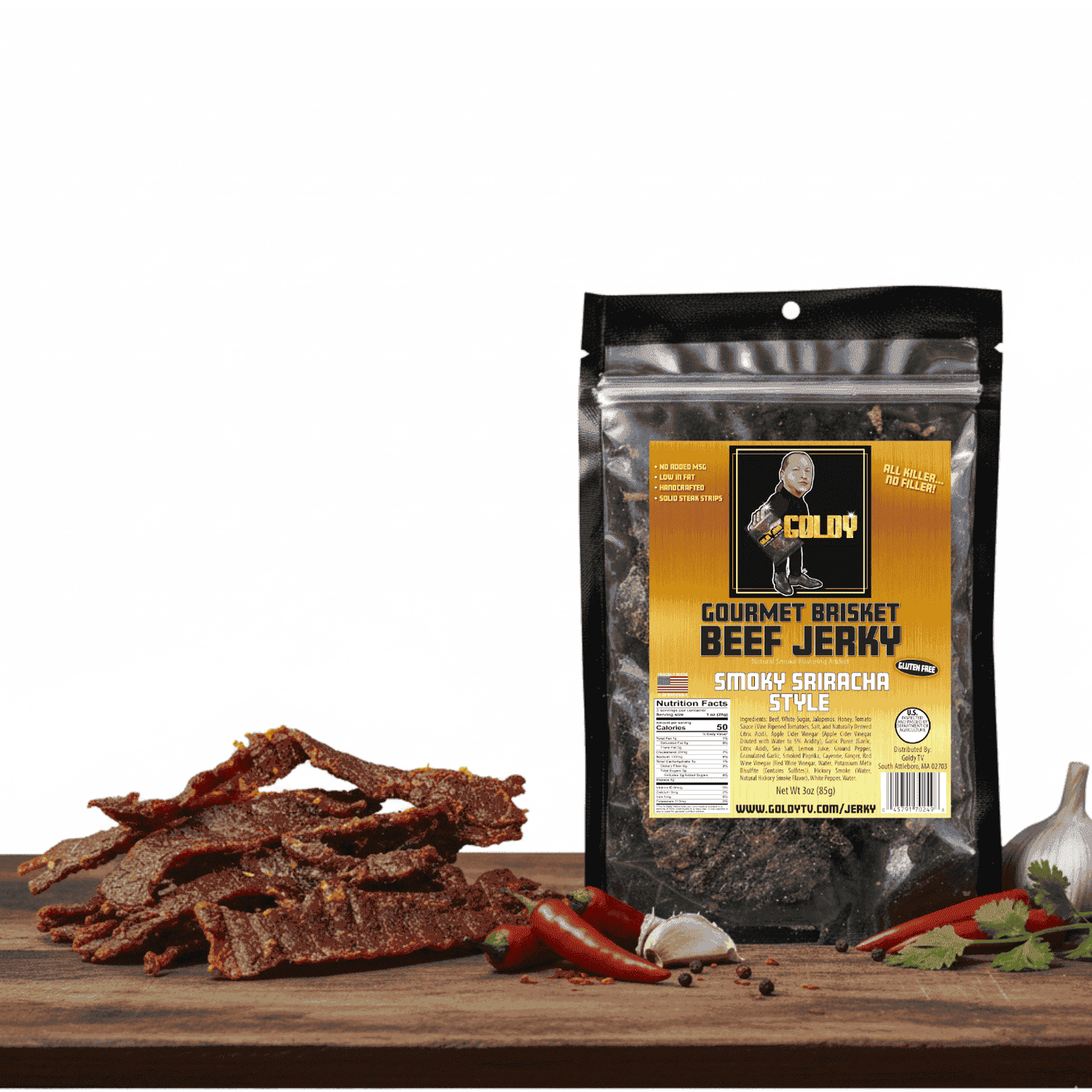 Smoky Sriracha Style Brisket Jerky High Protein, Gluten Free and Healthy Beef Snacks
