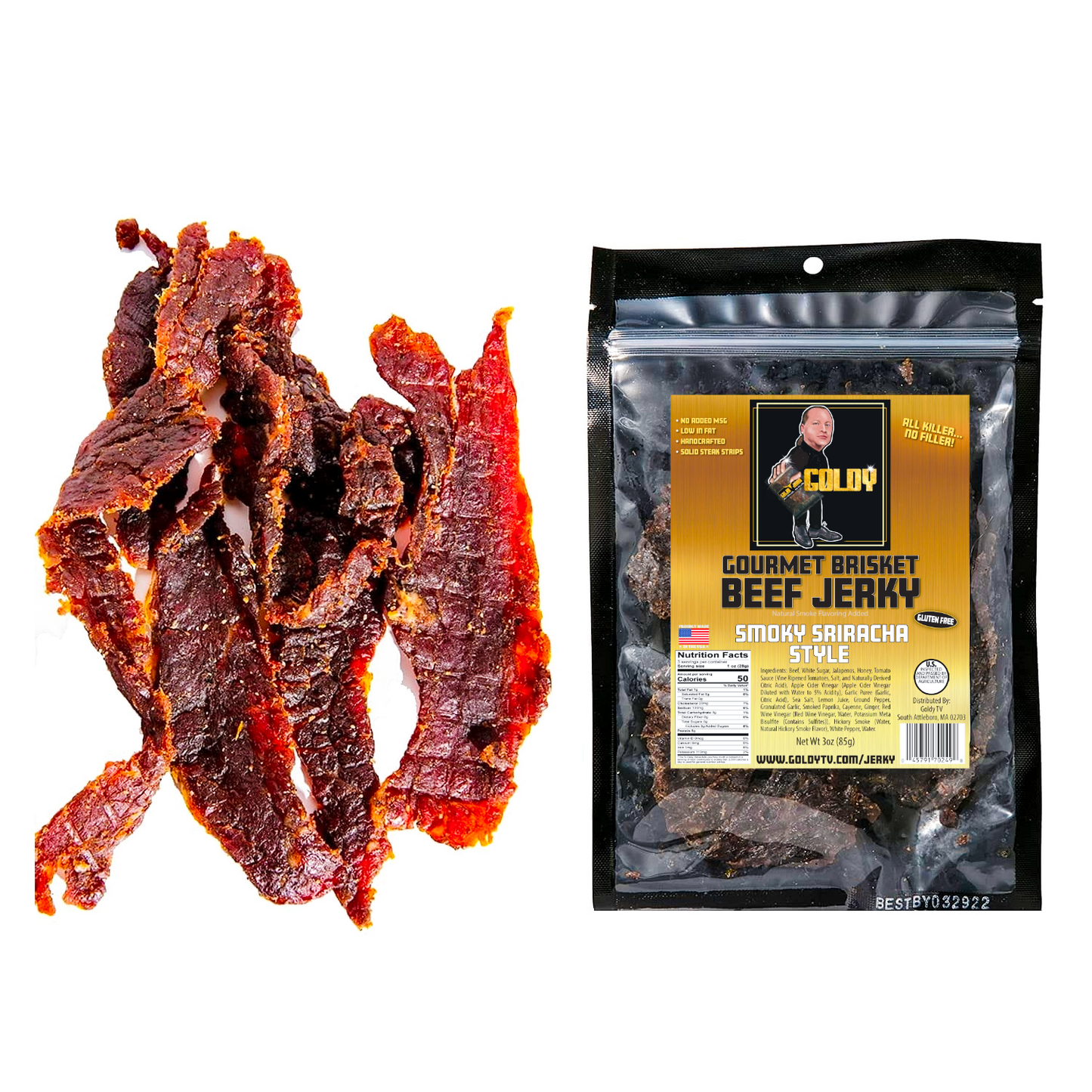 Smoky Sriracha Style Brisket Jerky High Protein, Gluten Free and Healthy Beef Snacks