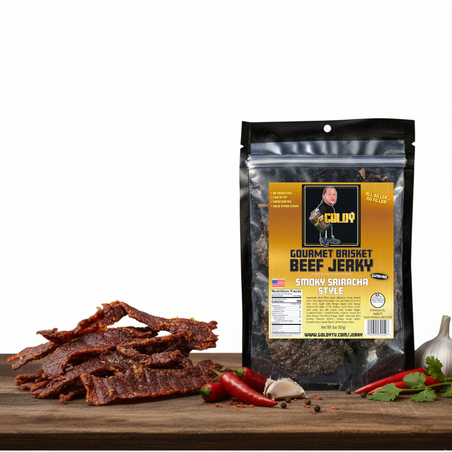 Smoky Sriracha Style Brisket Jerky High Protein, Gluten Free and Healthy Beef Snacks