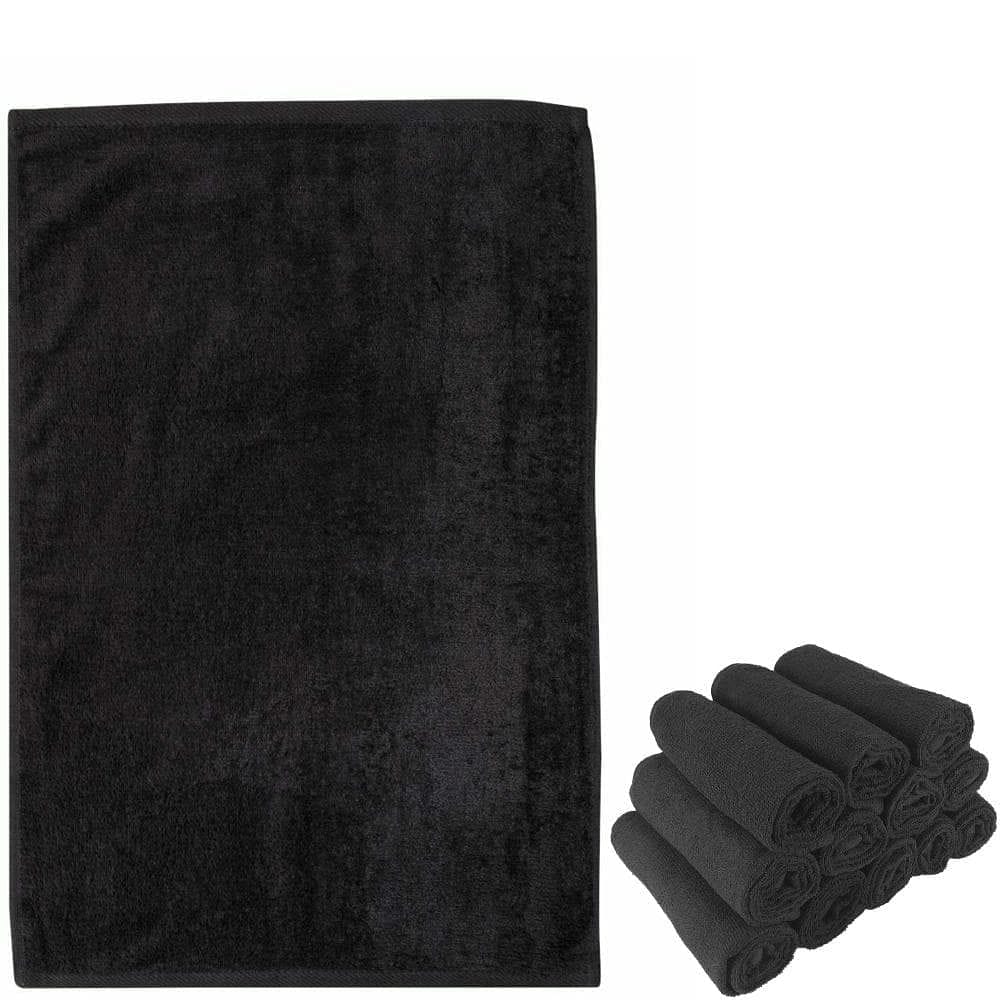 12Pcs Deluxe Pro Terry Towels Premium Plus Black 100% Cotton Hemmed Ends size 16x27 **Towels sold by the dozen** - Goldy TV