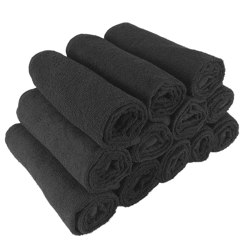 12Pcs Deluxe Pro Terry Towels Premium Plus Black 100% Cotton Hemmed Ends size 16x27 **Towels sold by the dozen** - Goldy TV