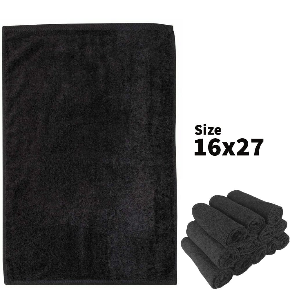 12Pcs Deluxe Pro Terry Towels Premium Plus Black 100% Cotton Hemmed Ends size 16x27 **Towels sold by the dozen** - Goldy TV